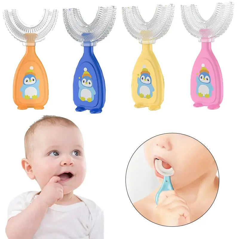 Baby using U-shape toothbrush with penguin design