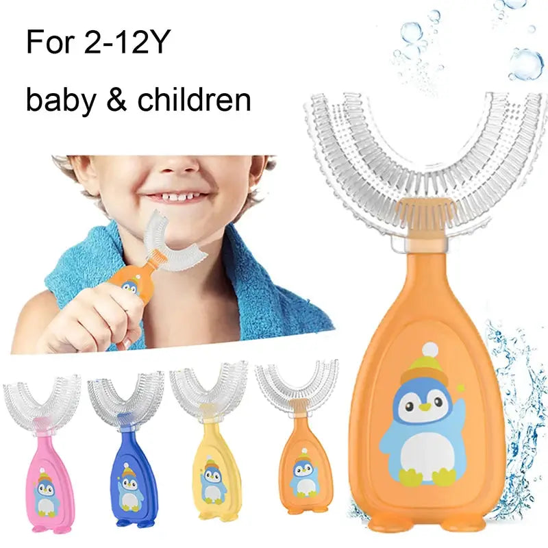 U-shape toothbrush for children aged 2-12 with penguin design