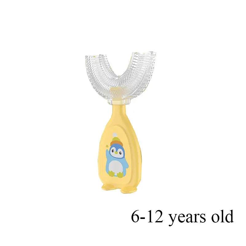 Yellow U-shape toothbrush for kids aged 6-12 with penguin design