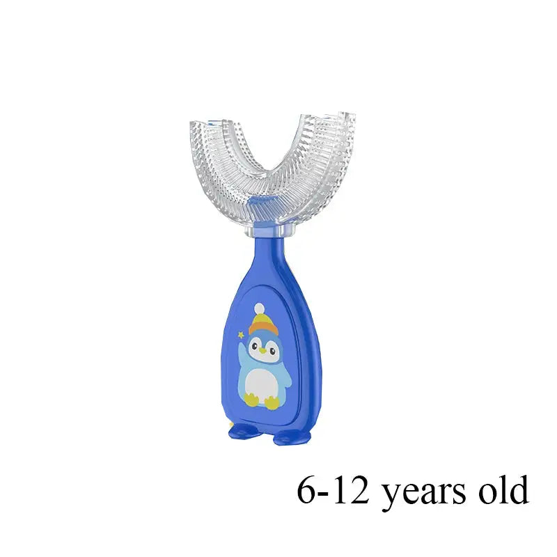 Blue U-shape toothbrush for kids aged 6-12 with penguin design