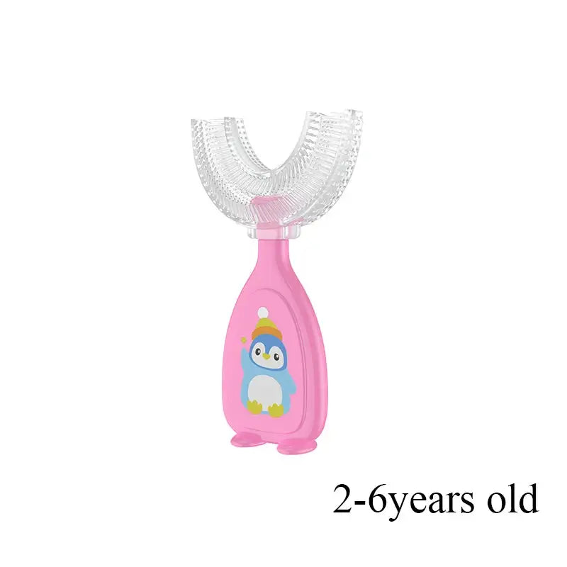 Pink U-shape toothbrush for kids aged 2-6 with penguin design