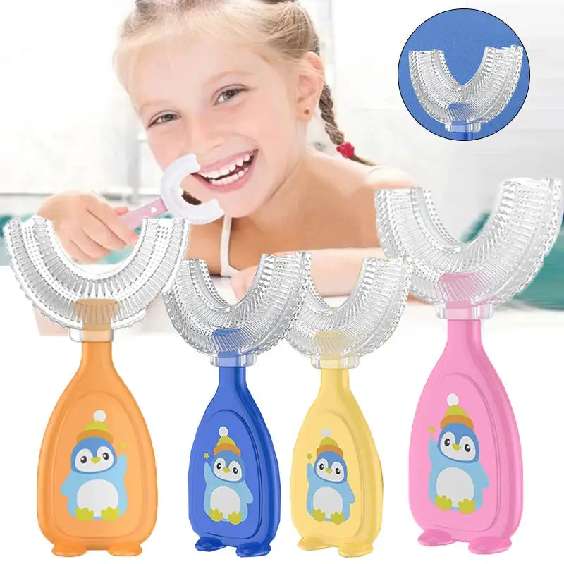 U-shape kids toothbrush with penguin design in multiple colors