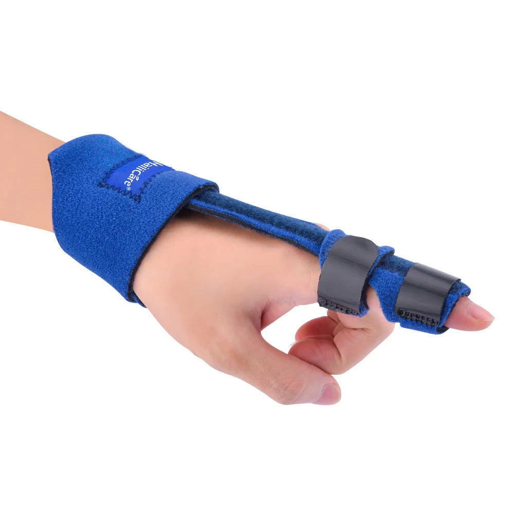 Blue thumb guard brace on hand, thumb bent