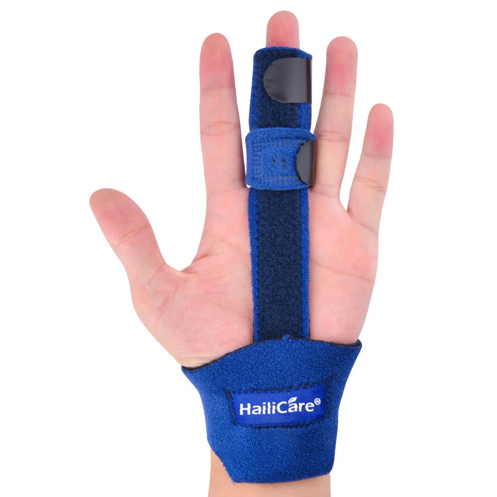 Blue thumb guard brace on hand, palm view