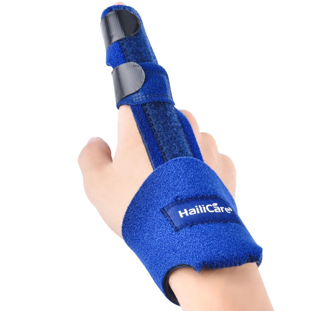 Blue thumb guard brace on hand, side view