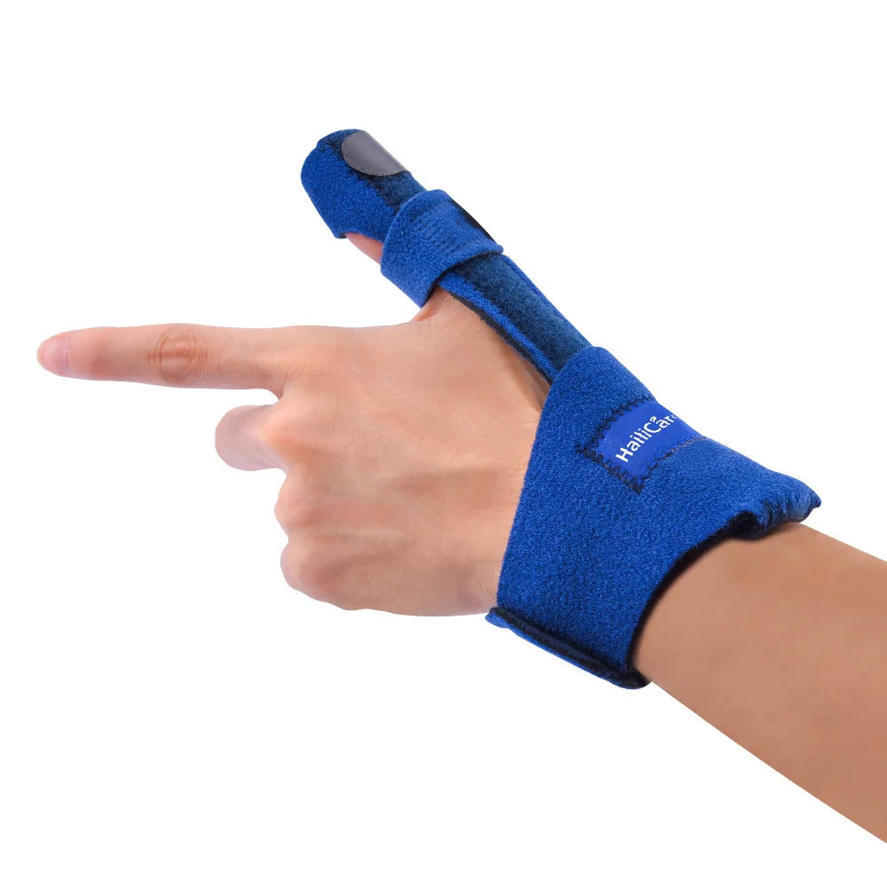 Blue thumb guard brace on hand, pointing gesture