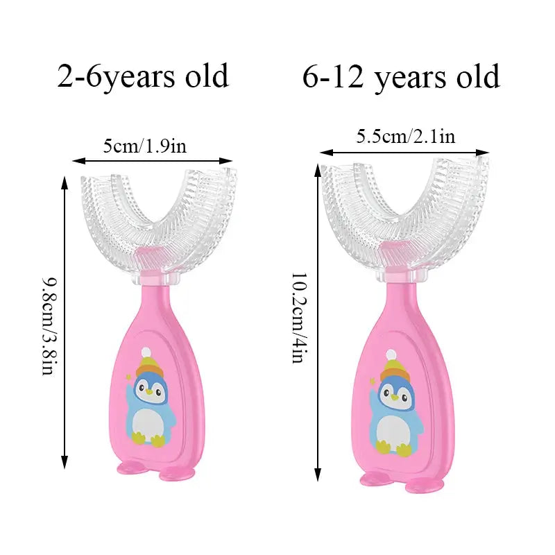 Size comparison of U-shape toothbrush for ages 2-6 and 6-12