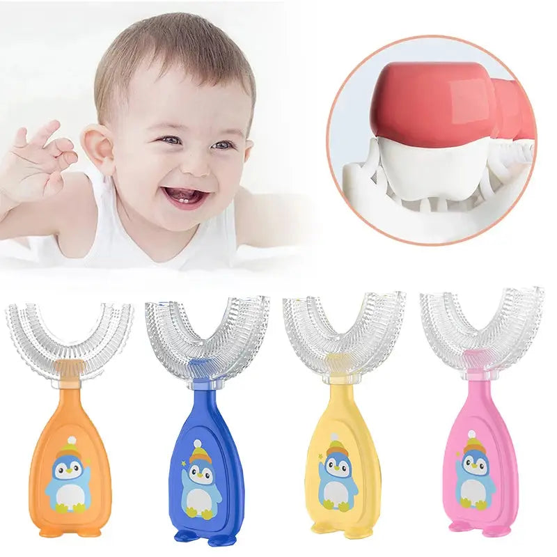 U-shape toothbrush for kids with penguin design, various colors