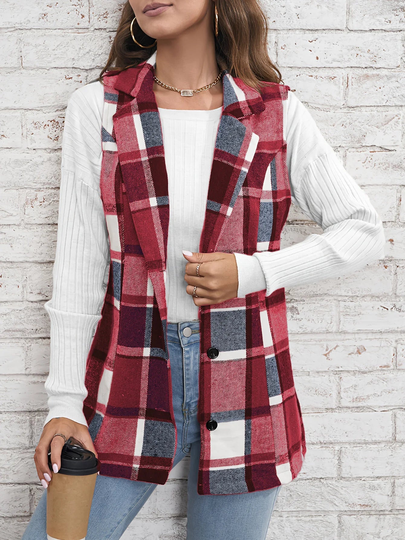 Women's elegant multicolored plaid spring and autumn vest