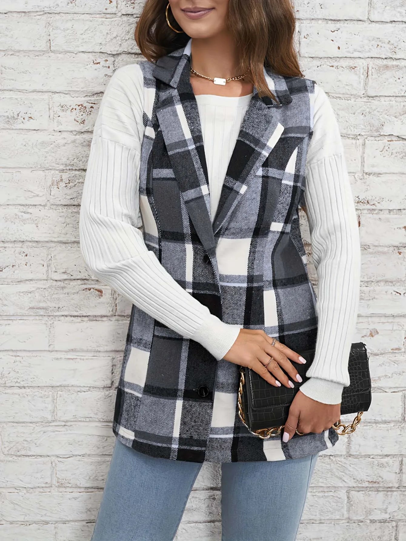 Women's elegant multicolored plaid spring and autumn vest