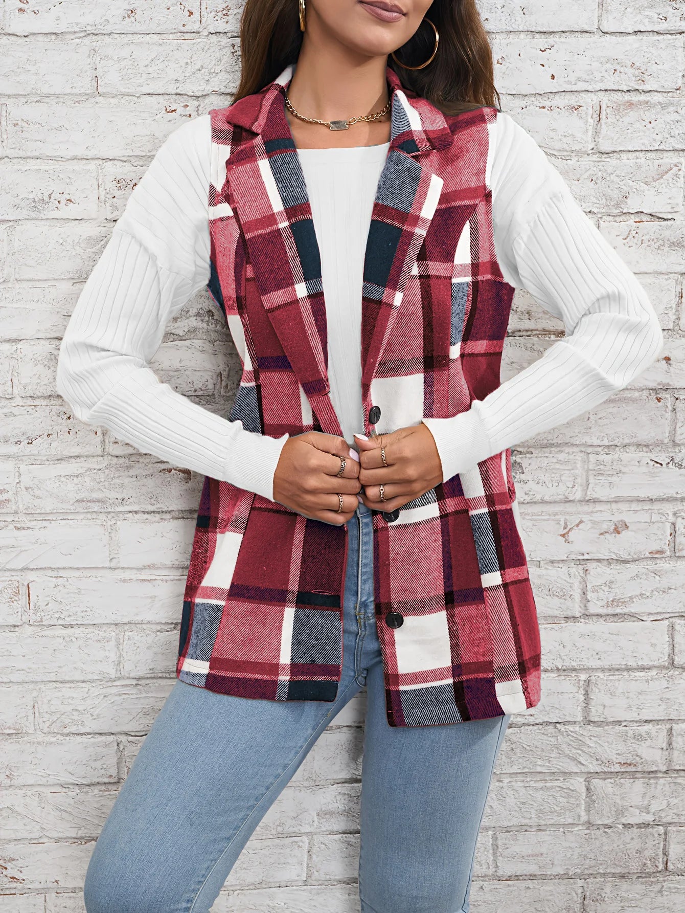 Women's elegant multicolored plaid spring and autumn vest