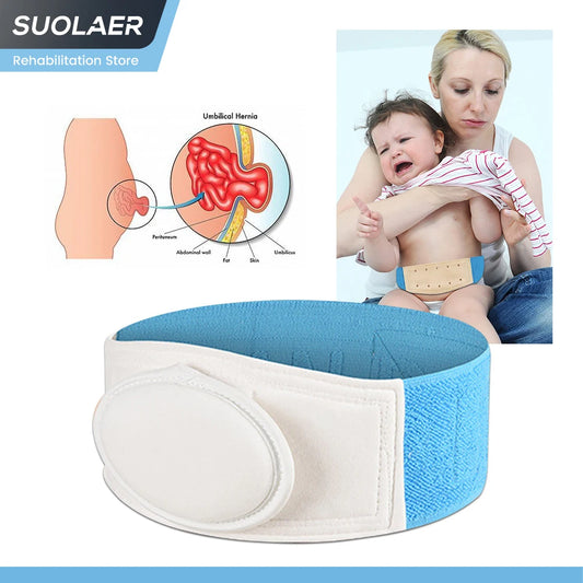 Baby hernia belt with illustration and mother holding baby