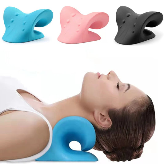 U-shaped cervical spine massage pillow in blue, pink, and black