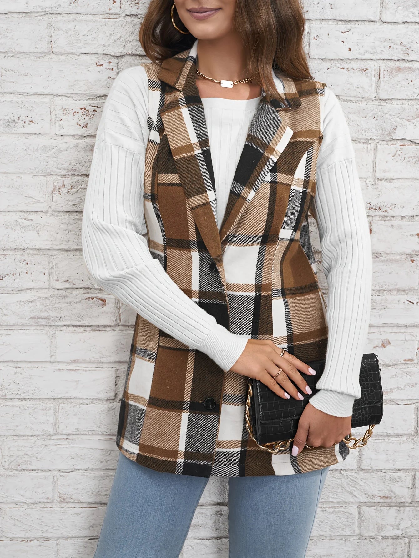 Women's elegant multicolored plaid spring and autumn vest