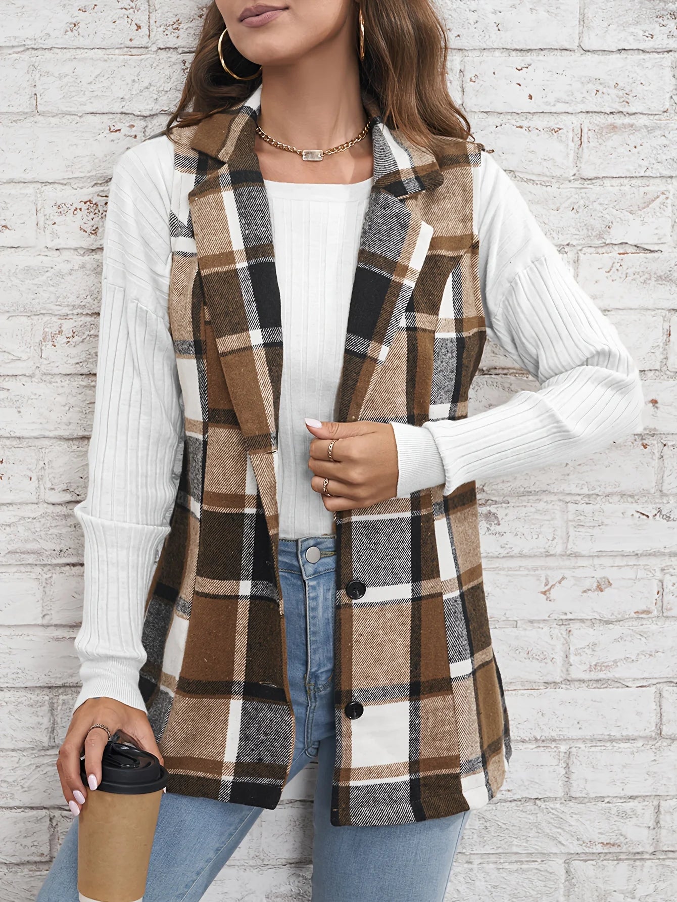 Women's elegant multicolored plaid spring and autumn vest