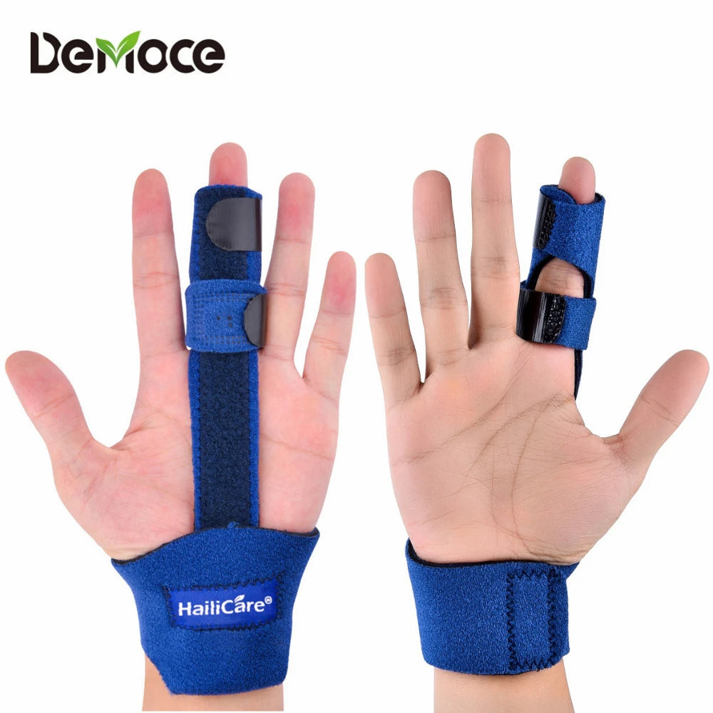 Blue thumb guard brace on both hands, front view