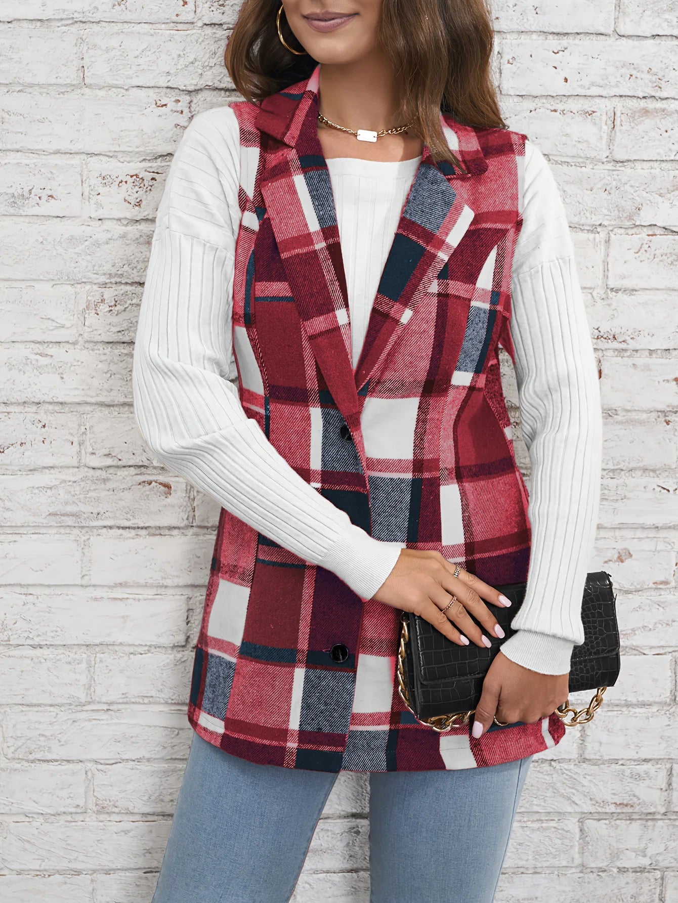 Women's elegant multicolored plaid spring and autumn vest