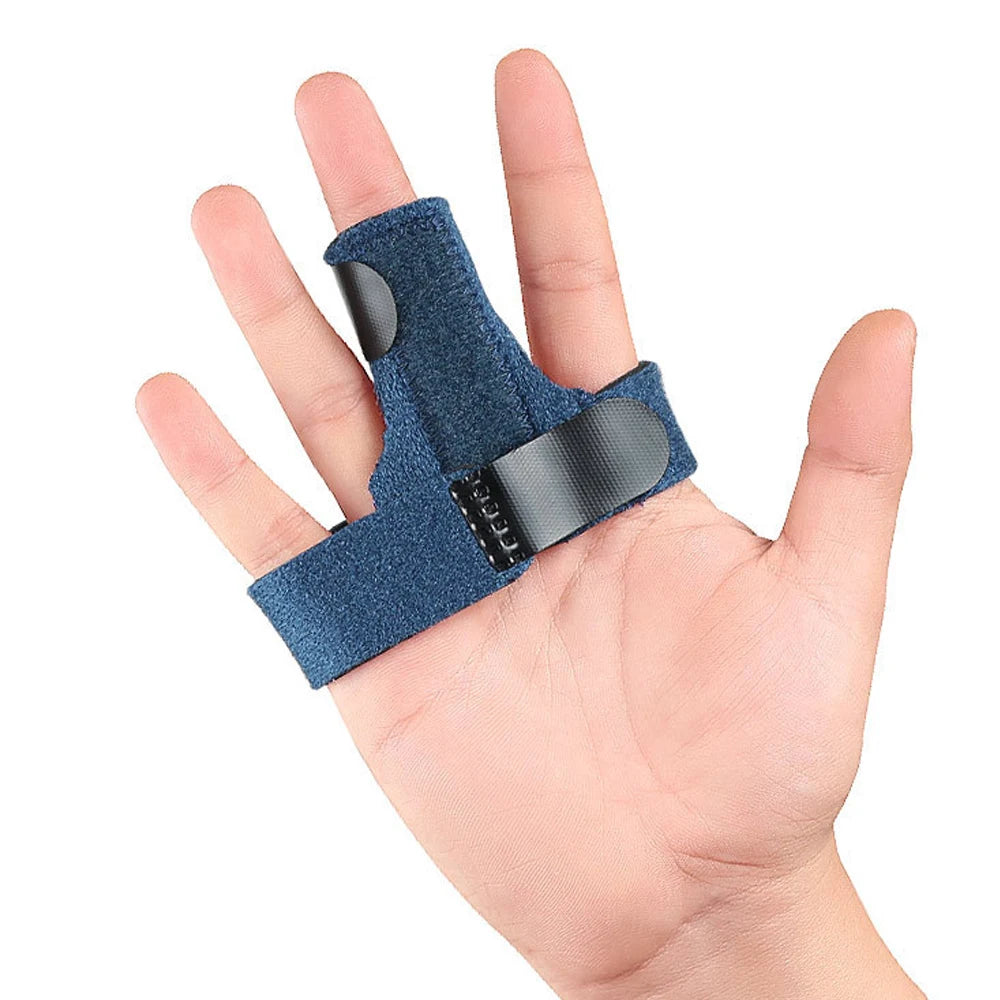 Blue thumb guard brace on hand, back view