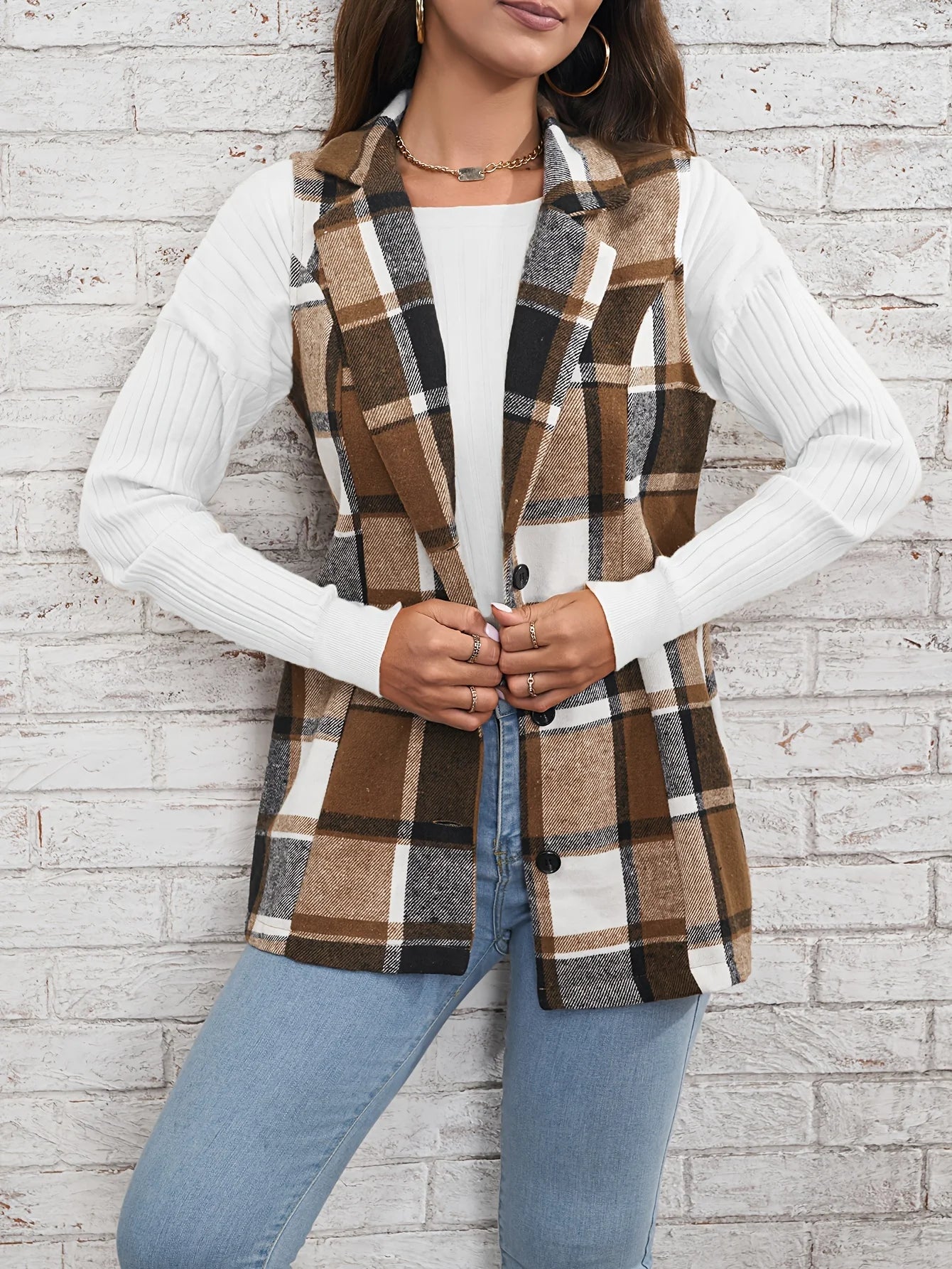 Women's elegant multicolored plaid spring and autumn vest