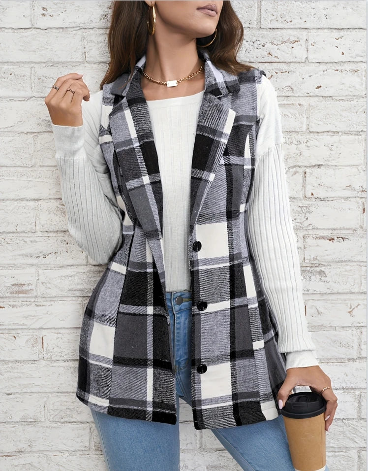 Women's elegant multicolored plaid spring and autumn vest